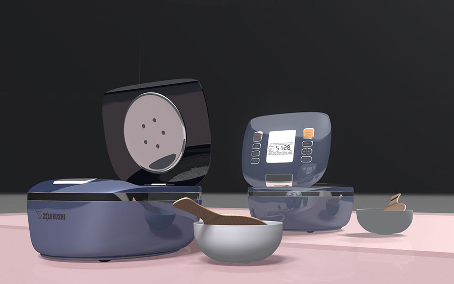 Opened lid mini rice cooker placed in front of the mirror.